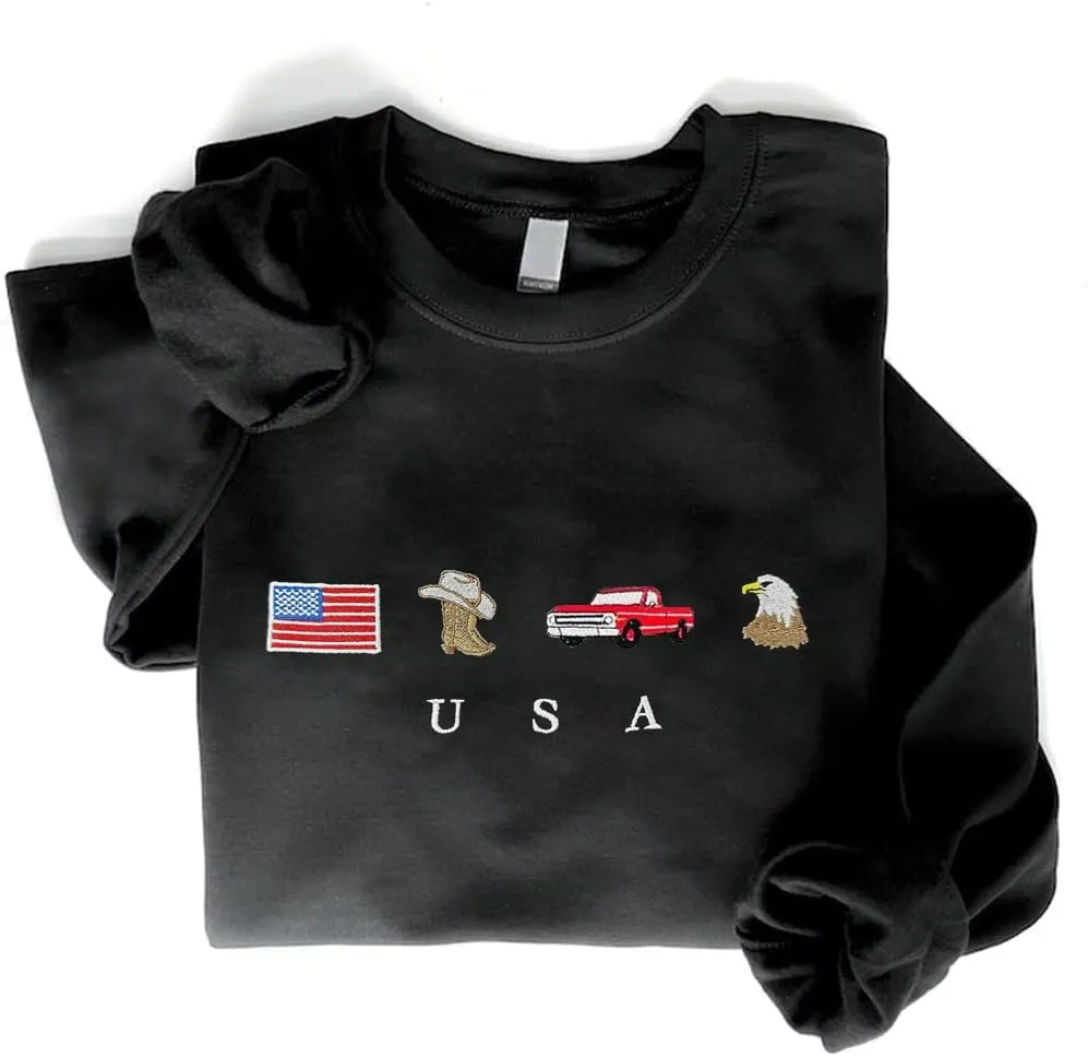 POPPOP USA Embroidered Sweatshirt, United States, America, Cowboy Boots, Cowboy Hat, Cowgirl, Truck, Eagle, Patriot, Embroidered USA Flag Sweatshirts, 4th Of July Sweatshirts, Independence Day Gifts
