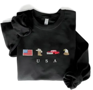 POPPOP USA Embroidered Sweatshirt, United States, America, Cowboy Boots, Cowboy Hat, Cowgirl, Truck, Eagle, Patriot, Embroidered USA Flag Sweatshirts, 4th Of July Sweatshirts, Independence Day Gifts