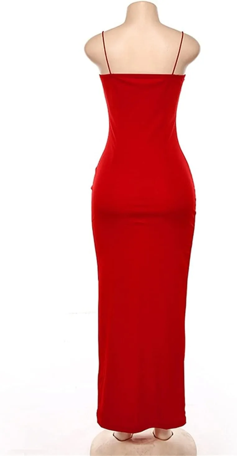 PRIMODA Women's Spaghetti Strap Bodycon Maxi Dress Long Formal Thigh-high Slit Club Wedding Guest Dress