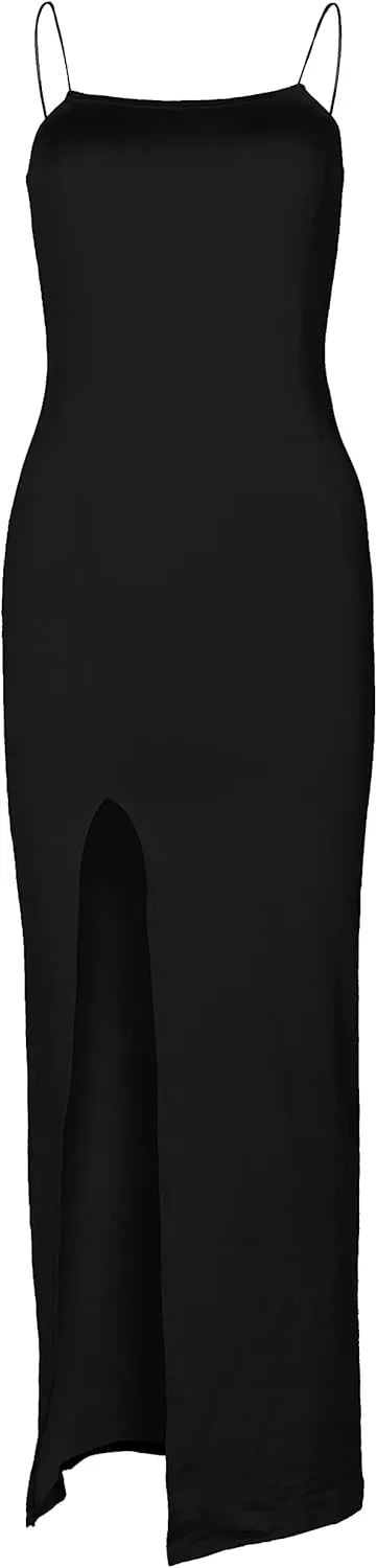 PRIMODA Women's Spaghetti Strap Bodycon Maxi Dress Long Formal Thigh-high Slit Club Wedding Guest Dress