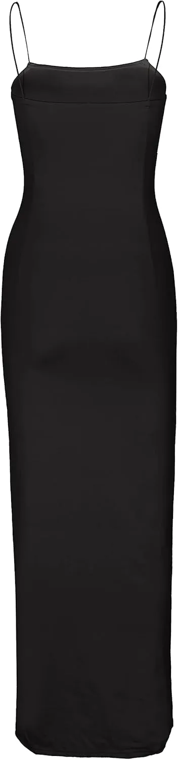 PRIMODA Women's Spaghetti Strap Bodycon Maxi Dress Long Formal Thigh-high Slit Club Wedding Guest Dress