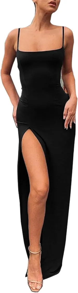 PRIMODA Women's Spaghetti Strap Bodycon Maxi Dress Long Formal Thigh-high Slit Club Wedding Guest Dress