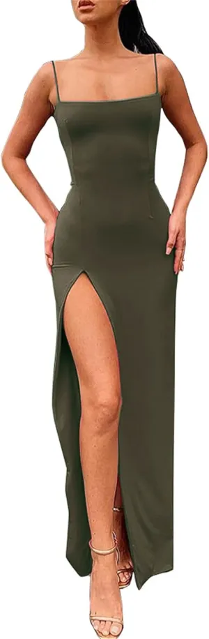 PRIMODA Women's Spaghetti Strap Bodycon Maxi Dress Long Formal Thigh-high Slit Club Wedding Guest Dress