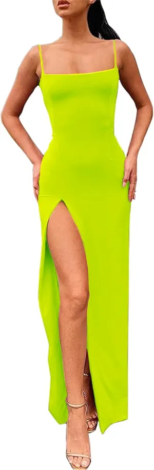 PRIMODA Women's Spaghetti Strap Bodycon Maxi Dress Long Formal Thigh-high Slit Club Wedding Guest Dress