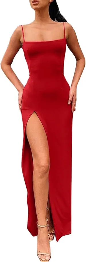 PRIMODA Women's Spaghetti Strap Bodycon Maxi Dress Long Formal Thigh-high Slit Club Wedding Guest Dress