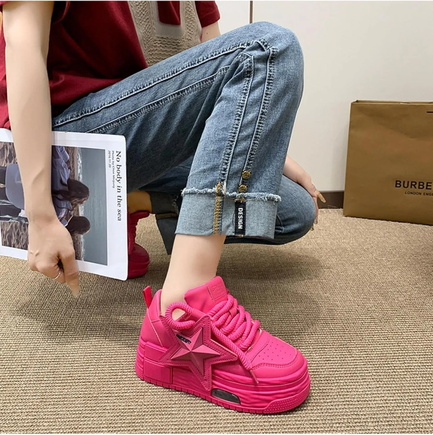 PU Leather Retro Bold Chunky Platform Star Sneakers for Women Y2K Streetwear Shoes with Thick Sole for Daily Outfits Stylish Comfortable Statement Look