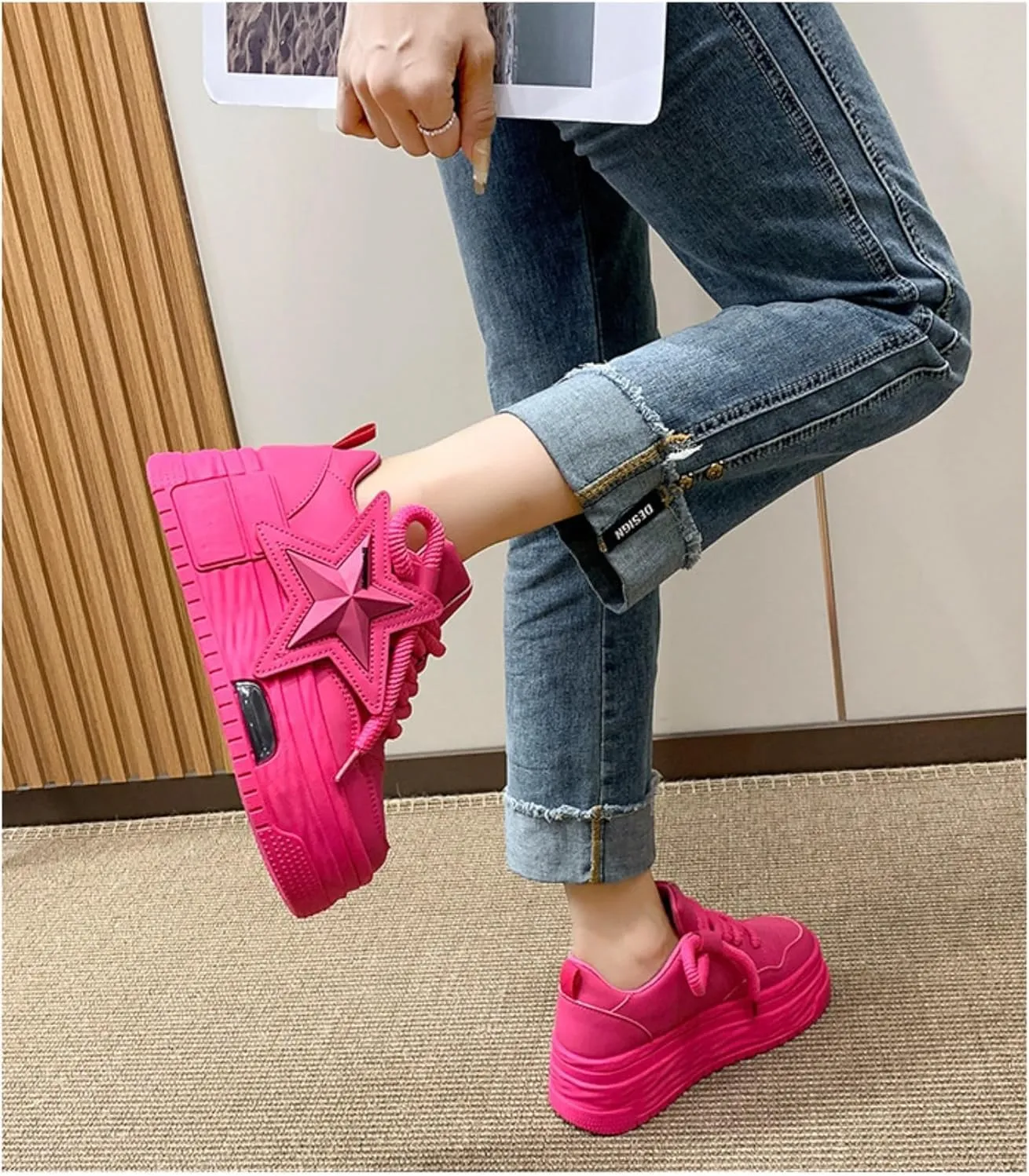 PU Leather Retro Bold Chunky Platform Star Sneakers for Women Y2K Streetwear Shoes with Thick Sole for Daily Outfits Stylish Comfortable Statement Look