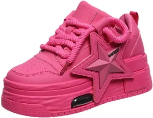 PU Leather Retro Bold Chunky Platform Star Sneakers for Women Y2K Streetwear Shoes with Thick Sole for Daily Outfits Stylish Comfortable Statement Look
