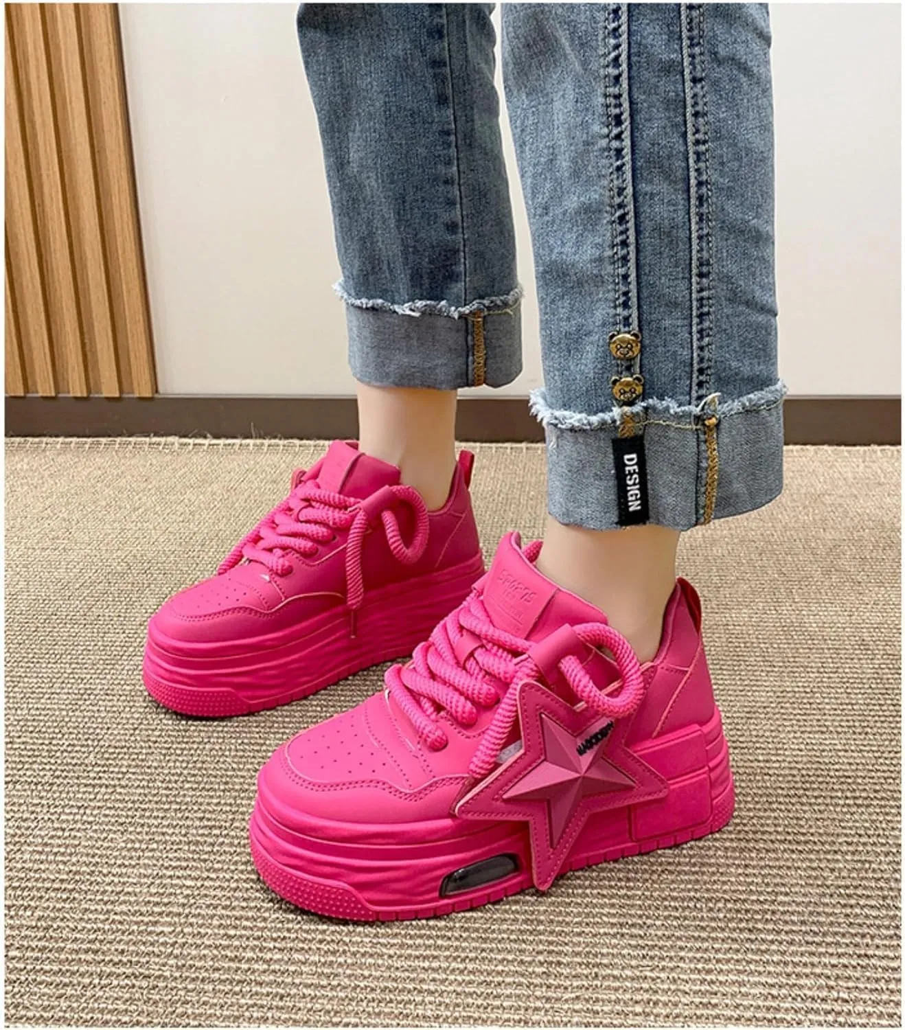 PU Leather Retro Bold Chunky Platform Star Sneakers for Women Y2K Streetwear Shoes with Thick Sole for Daily Outfits Stylish Comfortable Statement Look