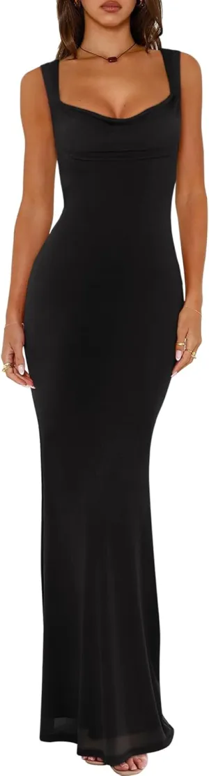 REORIA Women's Summer Cowl Neck Mesh Sleeveless Tank Dress Sexy Double Lined Bodycon Maxi Long Dresses