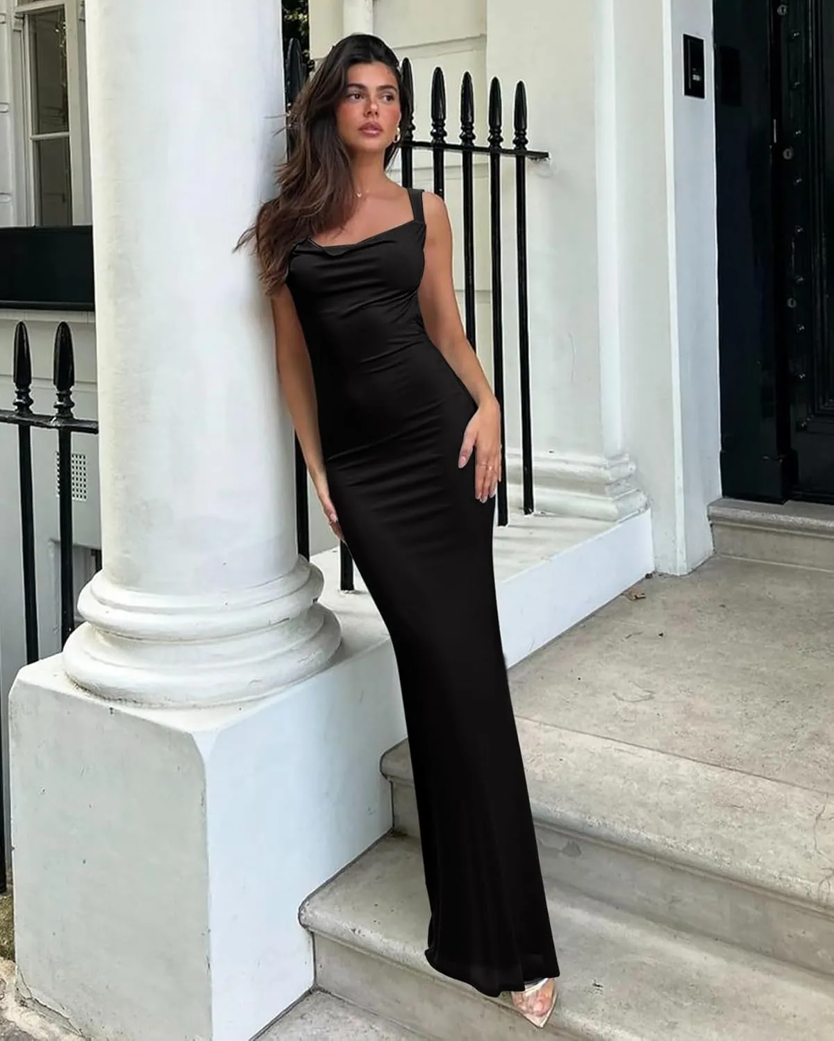REORIA Women's Summer Cowl Neck Mesh Sleeveless Tank Dress Sexy Double Lined Bodycon Maxi Long Dresses