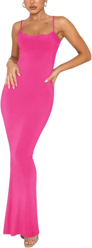 REORIA Women's Summer Lace Slip Lounge Long Dress Sexy Casual Elegant Backless Ribbed Bodycon Maxi Dresses