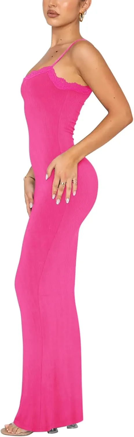 REORIA Women's Summer Lace Slip Lounge Long Dress Sexy Casual Elegant Backless Ribbed Bodycon Maxi Dresses