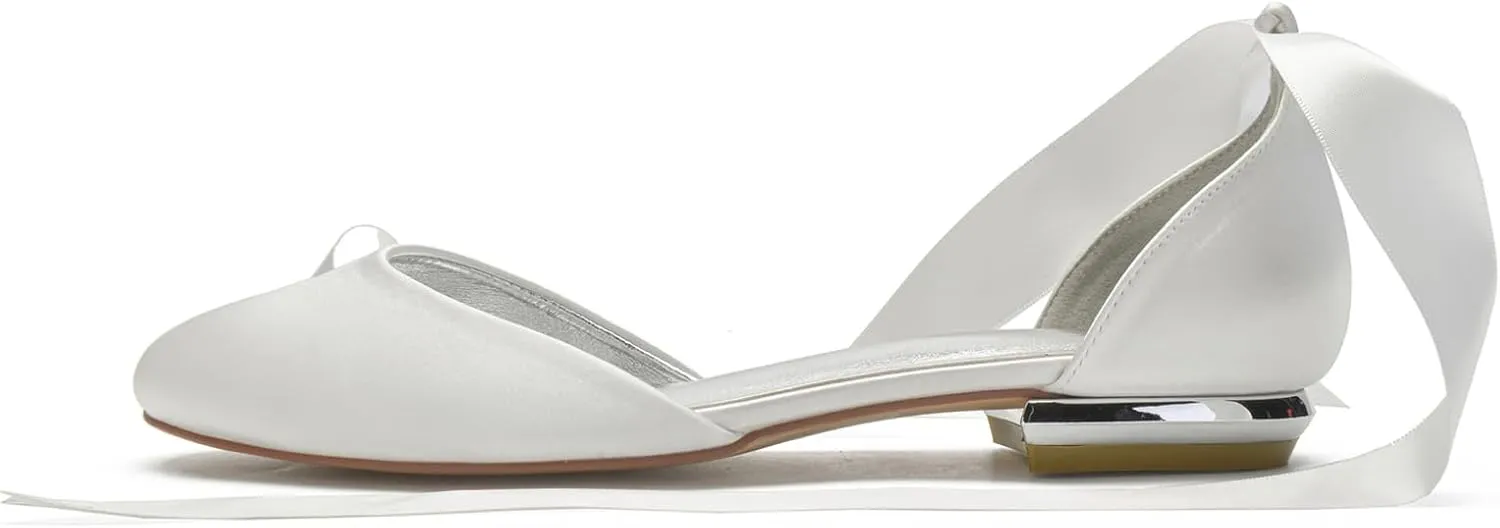 Ribbon Tie Wedding Flats for Bride 5047-62 Satin Comfortable Round Toe Party Dress Pumps Ballet Flat Shoes
