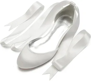 Ribbon Tie Wedding Flats for Bride 5047-62 Satin Comfortable Round Toe Party Dress Pumps Ballet Flat Shoes