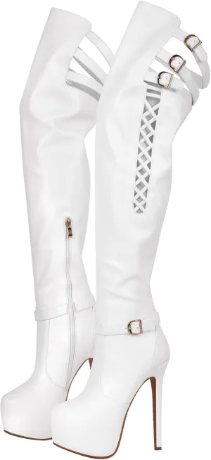 Richealnana Women's Thigh High Platform Boots Stiletto Heels Cutout Zip Up Over The Knee High Boots for Women