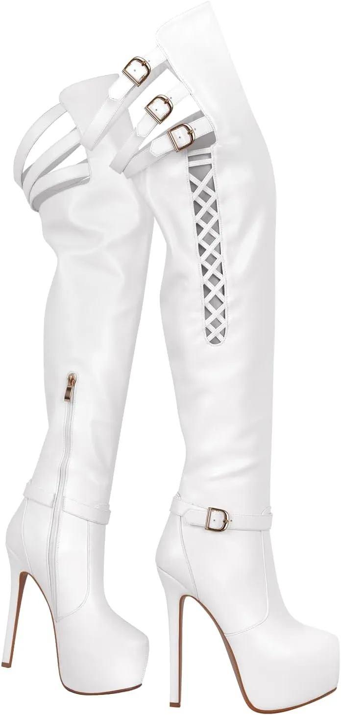 Richealnana Women's Thigh High Platform Boots Stiletto Heels Cutout Zip Up Over The Knee High Boots for Women
