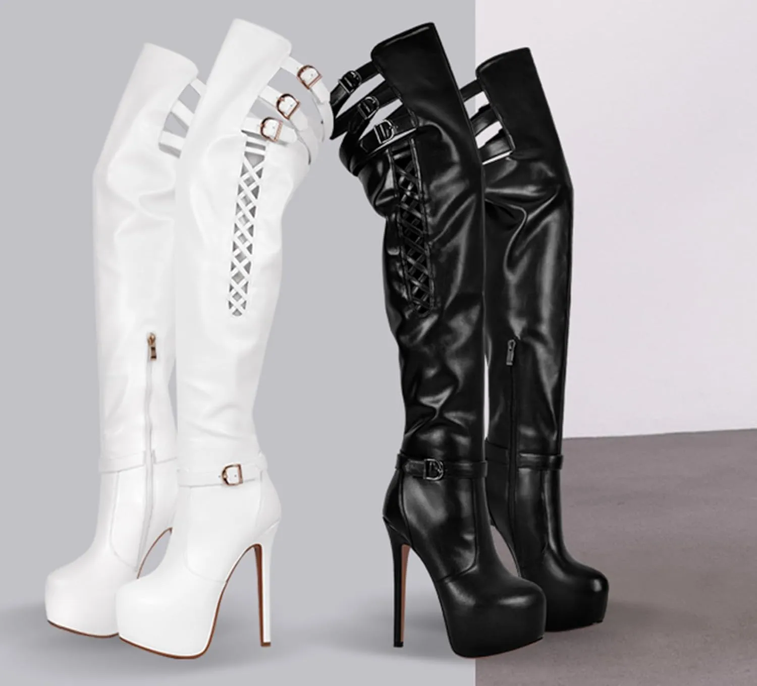 Richealnana Women's Thigh High Platform Boots Stiletto Heels Cutout Zip Up Over The Knee High Boots for Women