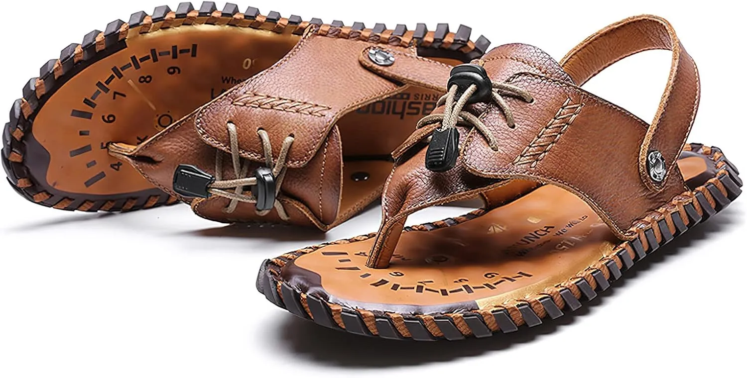 rismart Men Leather Sandals Clip Toe Adjustable Handmade Summer Beach Shoes for Walking Hiking