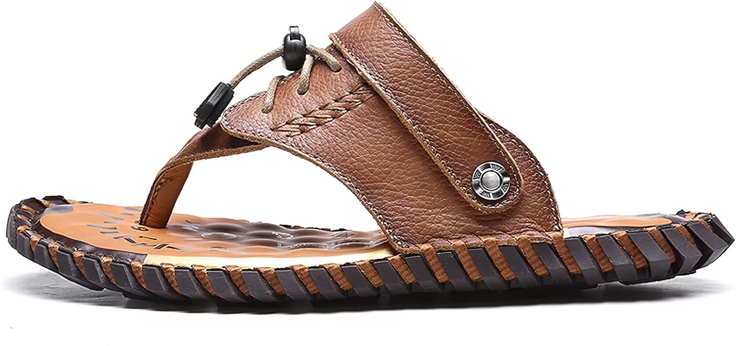 rismart Men Leather Sandals Clip Toe Adjustable Handmade Summer Beach Shoes for Walking Hiking