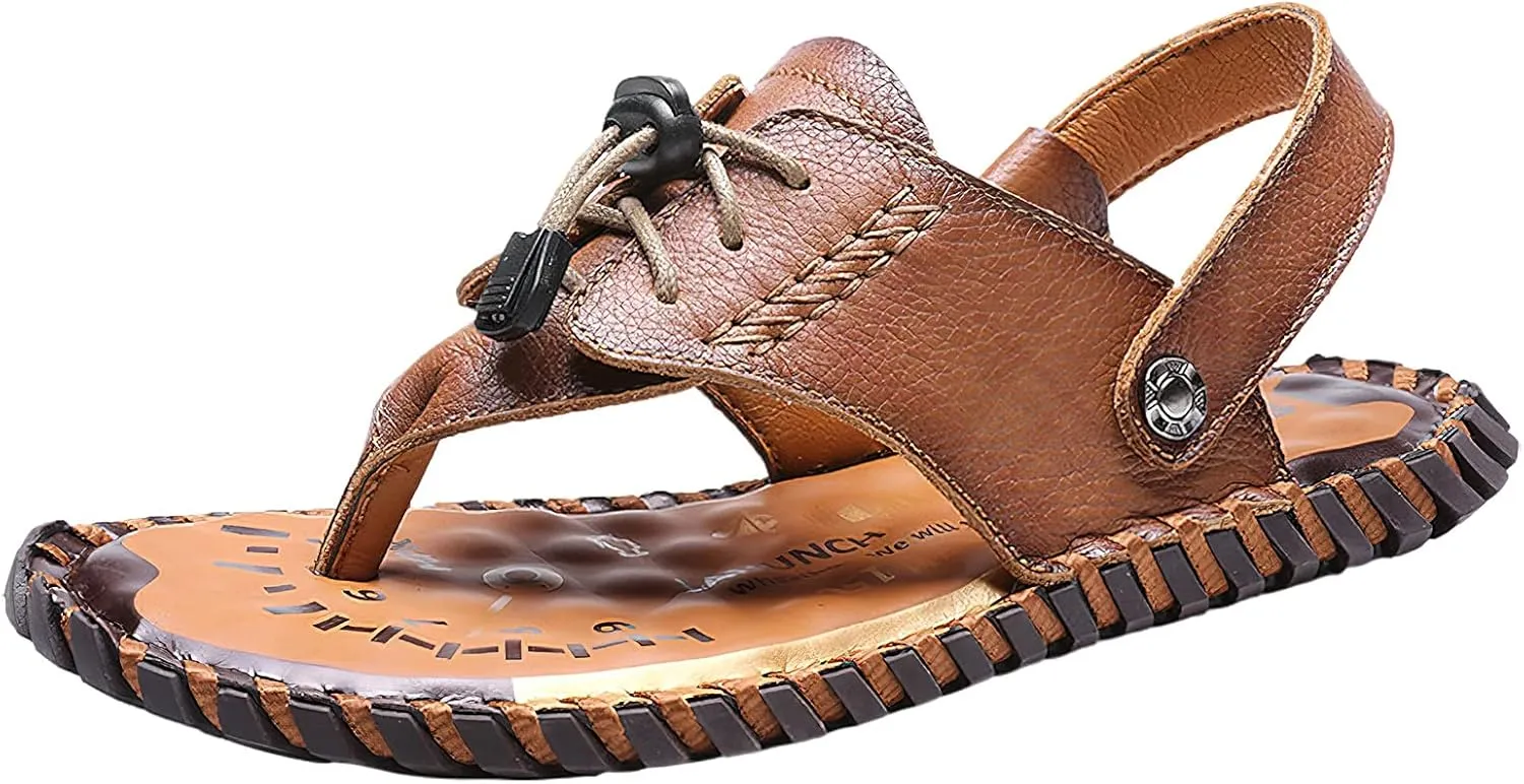 rismart Men Leather Sandals Clip Toe Adjustable Handmade Summer Beach Shoes for Walking Hiking