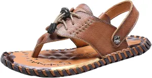 rismart Men Leather Sandals Clip Toe Adjustable Handmade Summer Beach Shoes for Walking Hiking