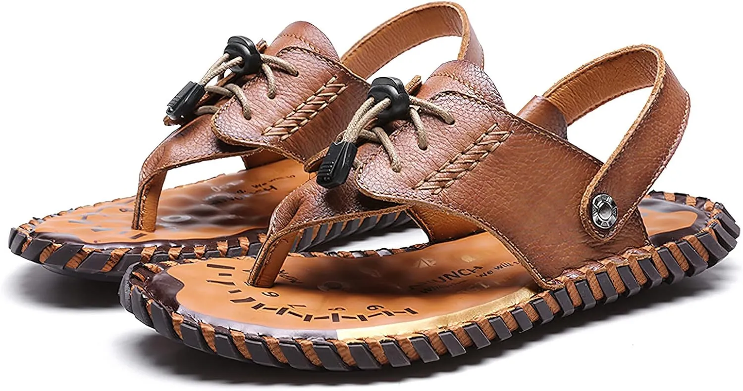 rismart Men Leather Sandals Clip Toe Adjustable Handmade Summer Beach Shoes for Walking Hiking