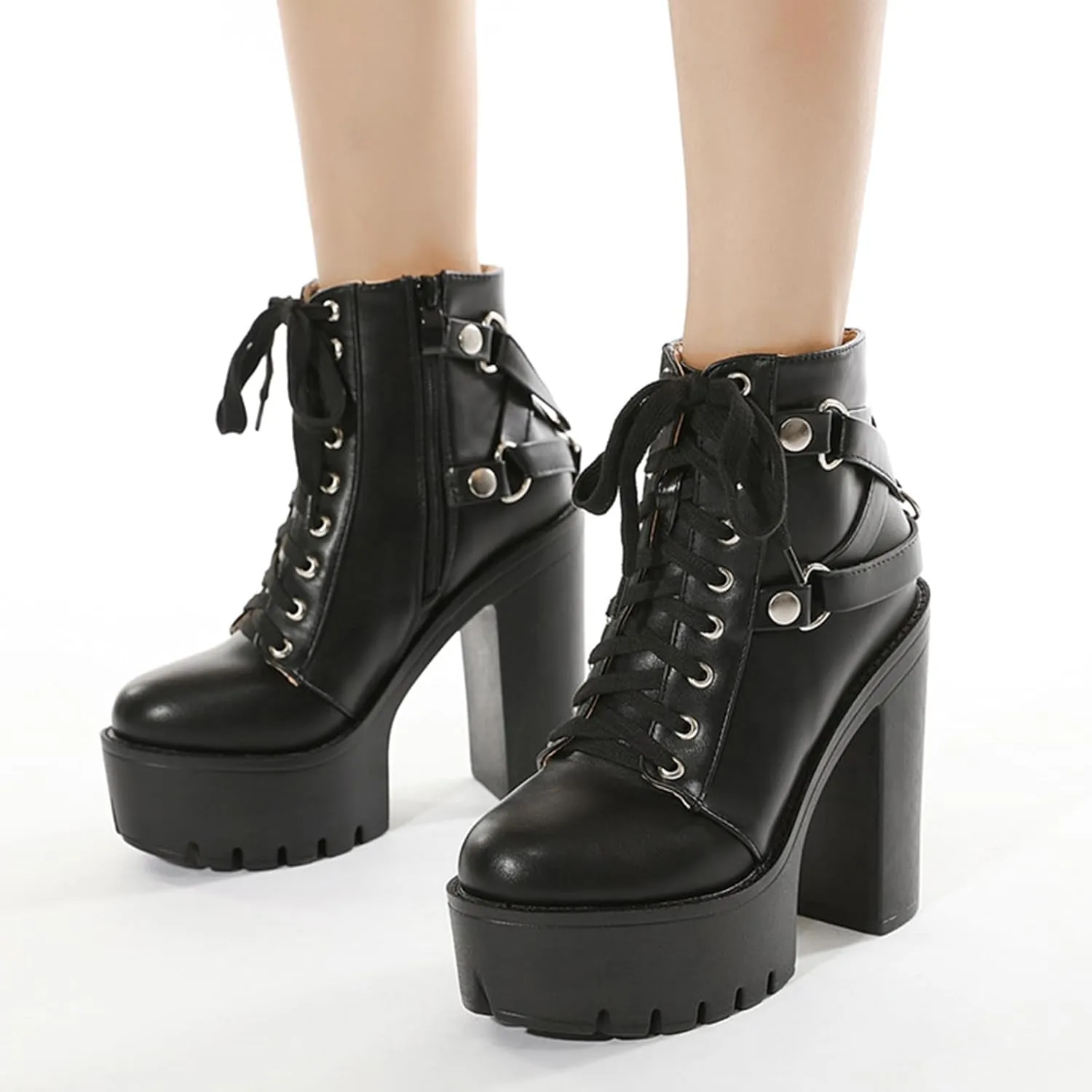 Roimaash Stylish Platform Ankle Boots Chunky Heels Goth Booties