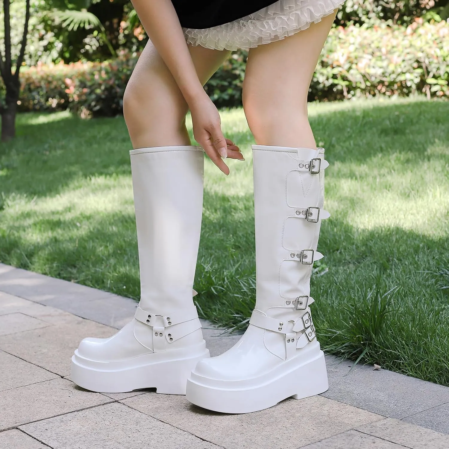Roimaash Stylish Platform Gothic Boots Mid High Latex Punk Boots