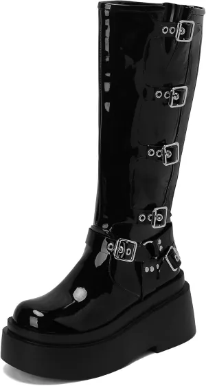 Roimaash Stylish Platform Gothic Boots Mid High Latex Punk Boots