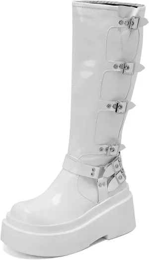 Roimaash Stylish Platform Gothic Boots Mid High Latex Punk Boots