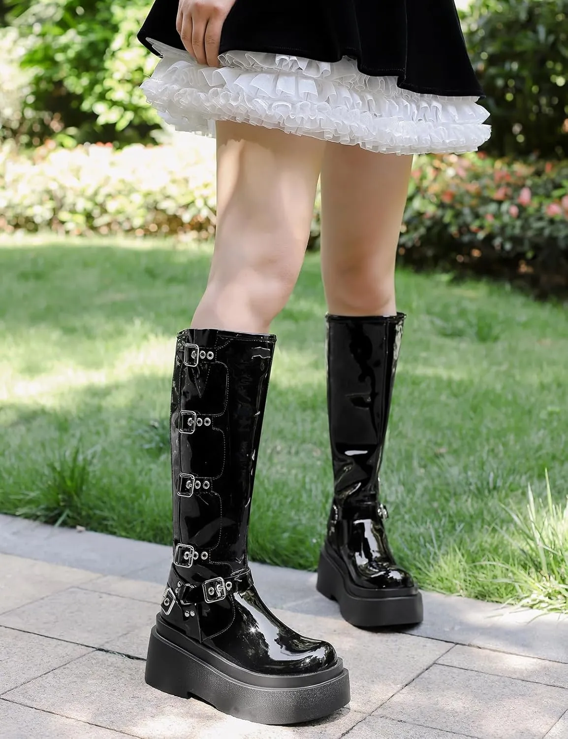 Roimaash Stylish Platform Gothic Boots Mid High Latex Punk Boots