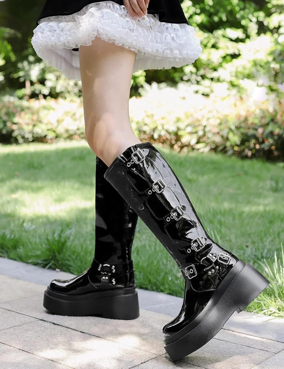 Roimaash Stylish Platform Gothic Boots Mid High Latex Punk Boots