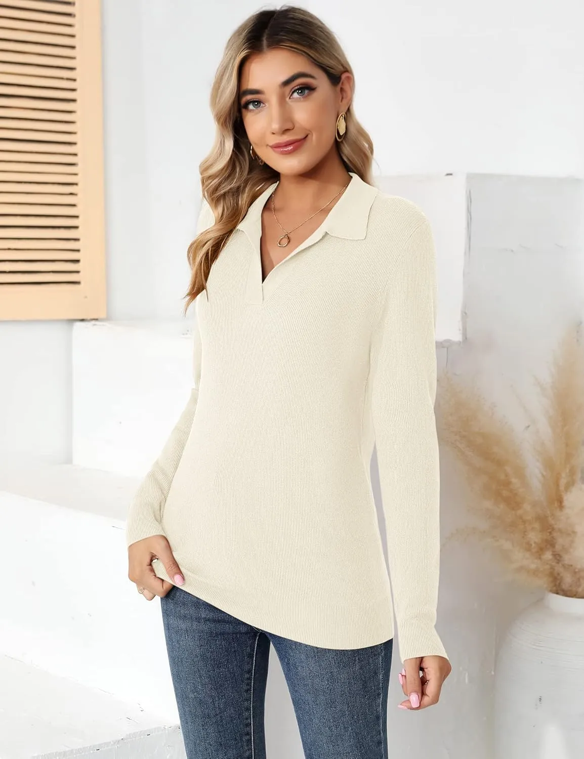 Romanstii Women's Knitted Collared Sweaters Long Sleeve V-Neck Polo Shirts Winter Pullover Tops