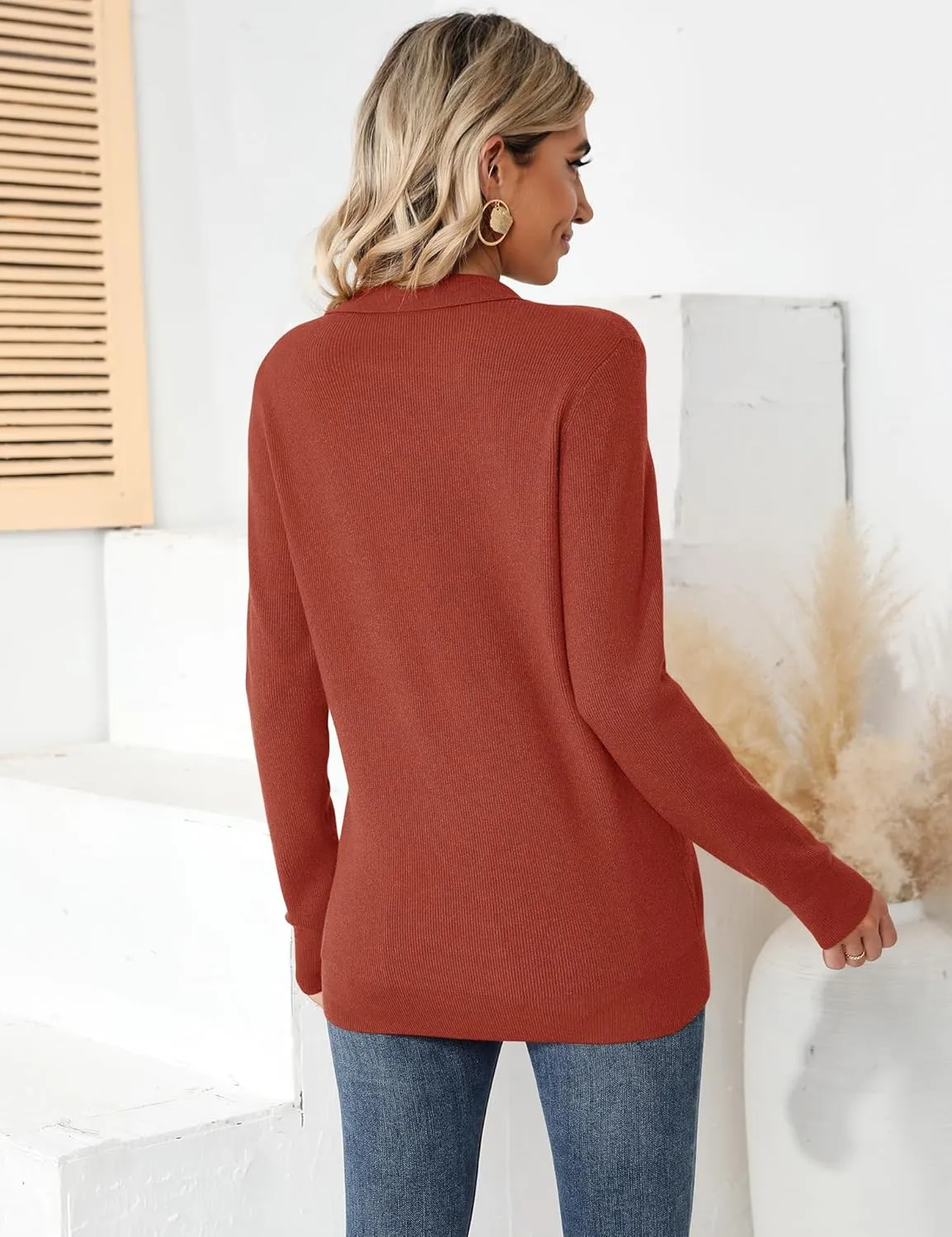 Romanstii Women's Knitted Collared Sweaters Long Sleeve V-Neck Polo Shirts Winter Pullover Tops
