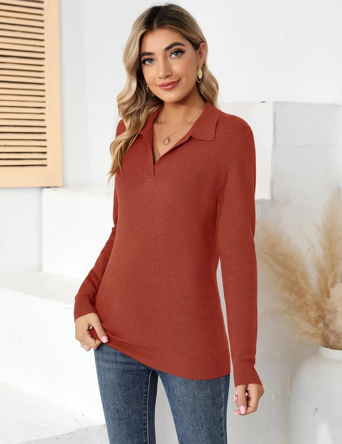 Romanstii Women's Knitted Collared Sweaters Long Sleeve V-Neck Polo Shirts Winter Pullover Tops