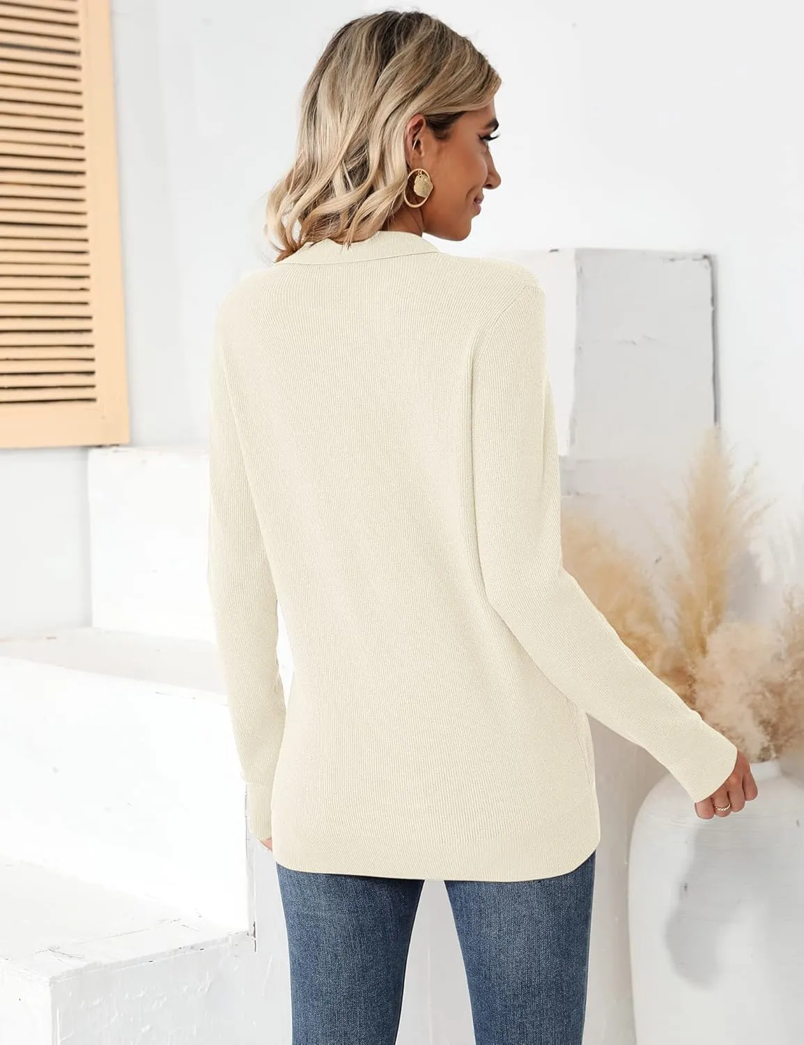 Romanstii Women's Knitted Collared Sweaters Long Sleeve V-Neck Polo Shirts Winter Pullover Tops