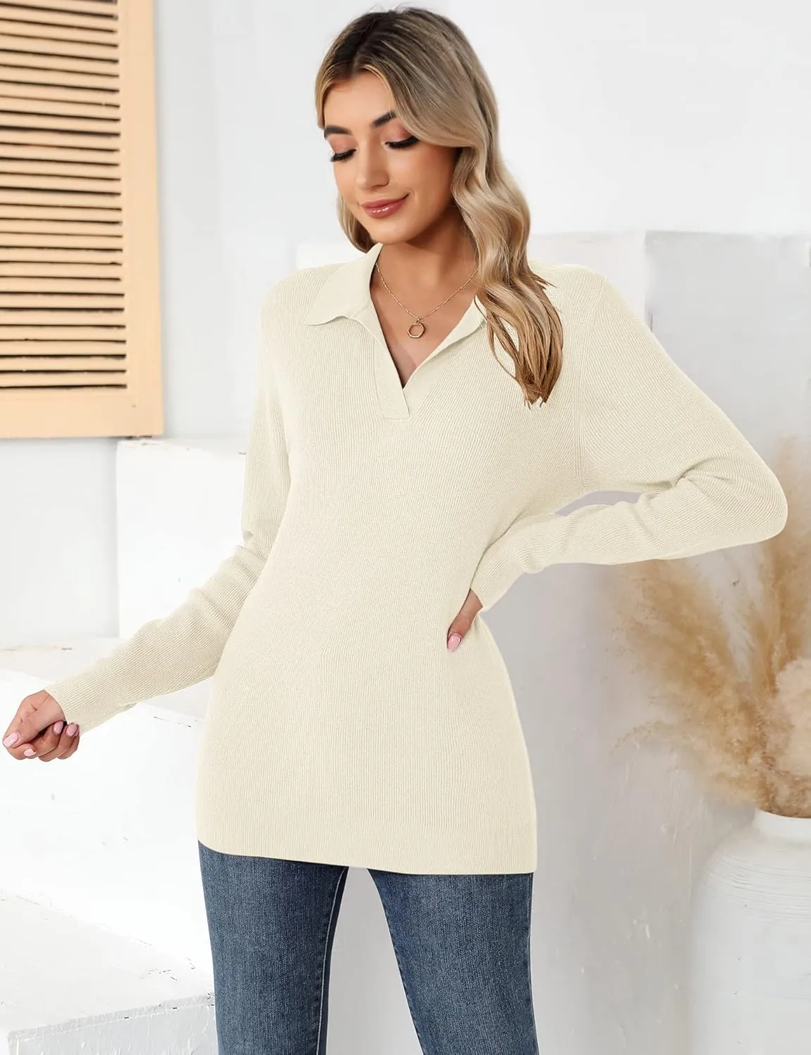 Romanstii Women's Knitted Collared Sweaters Long Sleeve V-Neck Polo Shirts Winter Pullover Tops