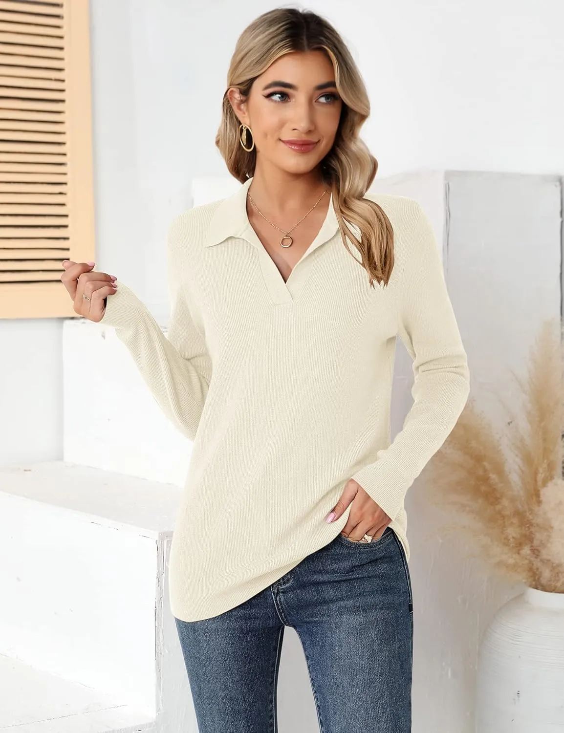 Romanstii Women's Knitted Collared Sweaters Long Sleeve V-Neck Polo Shirts Winter Pullover Tops