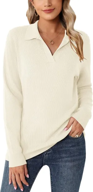 Romanstii Women's Knitted Collared Sweaters Long Sleeve V-Neck Polo Shirts Winter Pullover Tops