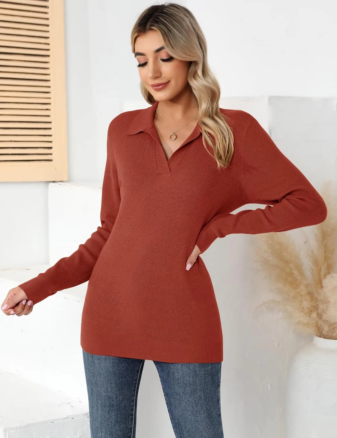 Romanstii Women's Knitted Collared Sweaters Long Sleeve V-Neck Polo Shirts Winter Pullover Tops