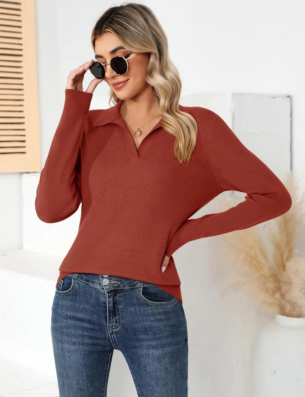 Romanstii Women's Knitted Collared Sweaters Long Sleeve V-Neck Polo Shirts Winter Pullover Tops