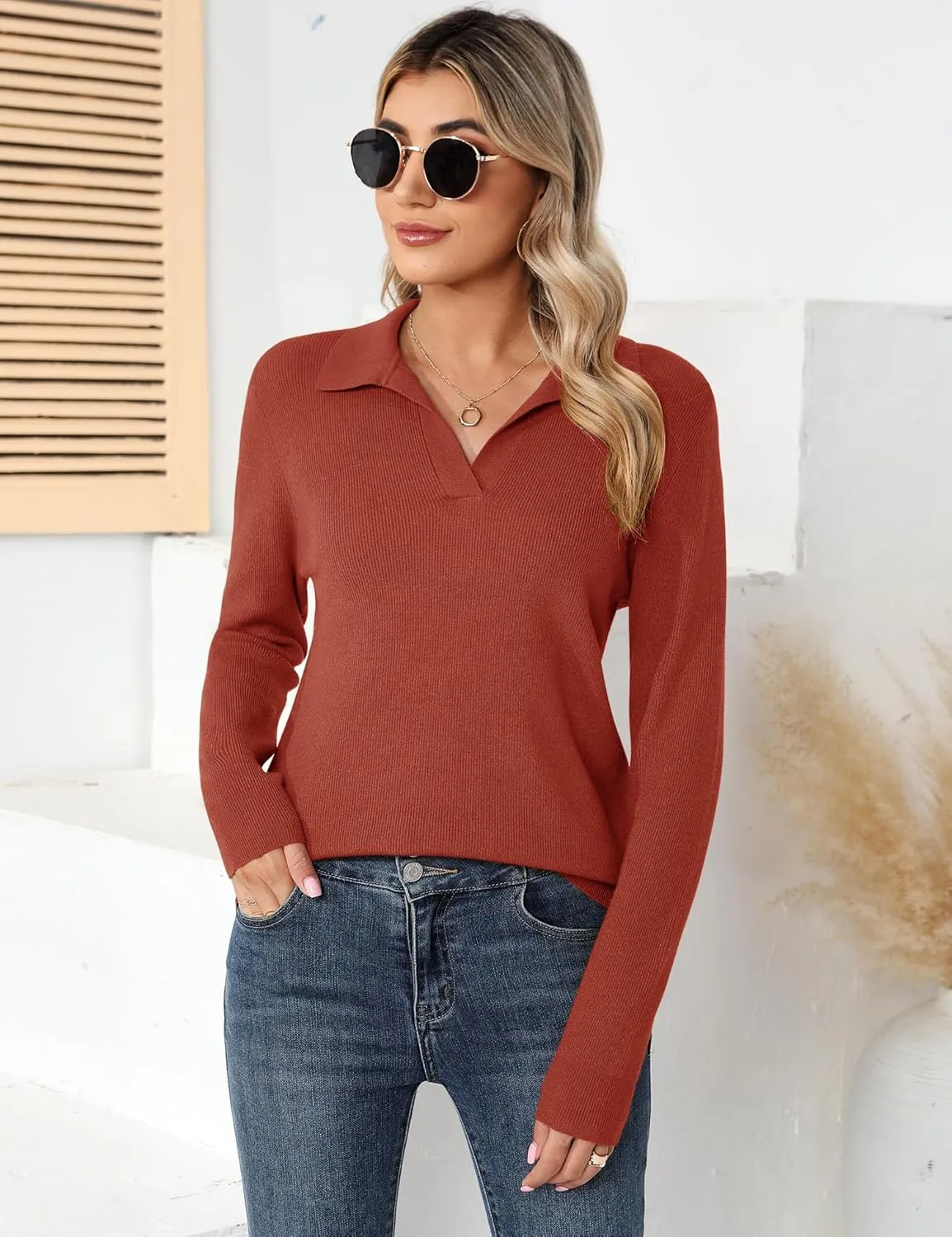 Romanstii Women's Knitted Collared Sweaters Long Sleeve V-Neck Polo Shirts Winter Pullover Tops
