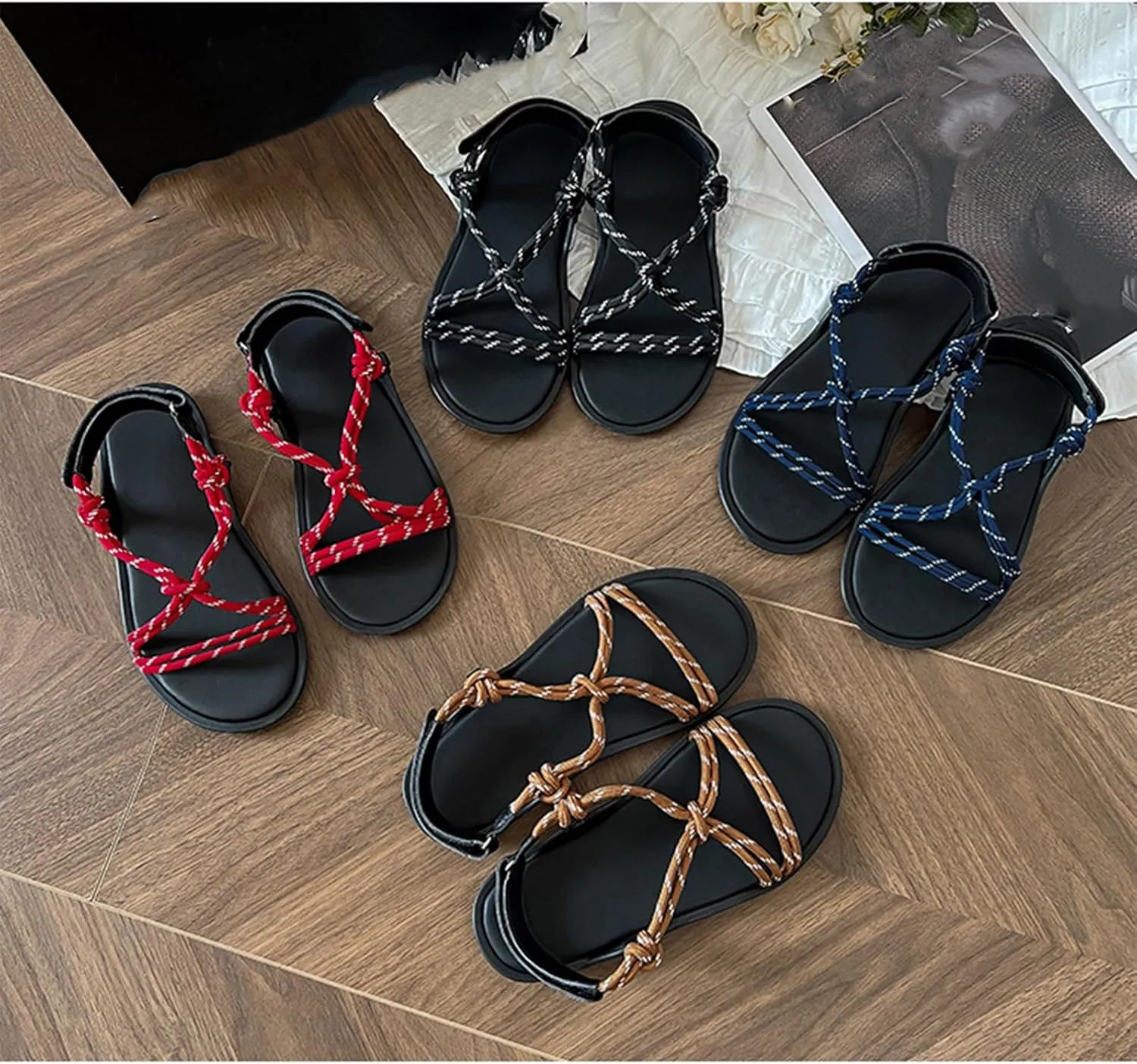 Rope Flats Sandals for Women Fashion Hemp Rope Weave Vacation Style Flat Sandals