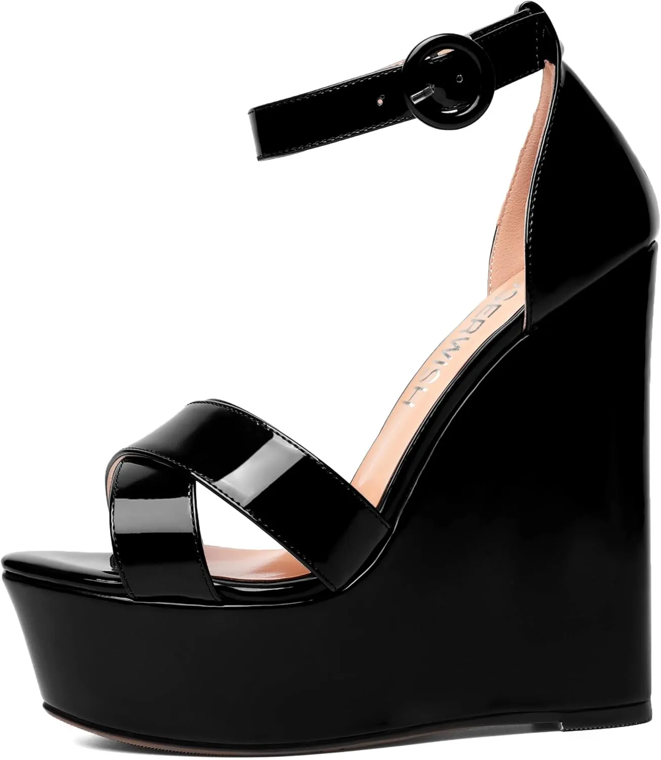 ROSERWISH Womens Evening Buckle Platform Ankle Strap Dressy Open Toe Sexy Patent Wedge High Heel Heeled Sandals 6 Inch