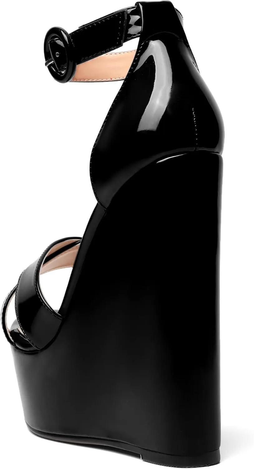 ROSERWISH Womens Evening Buckle Platform Ankle Strap Dressy Open Toe Sexy Patent Wedge High Heel Heeled Sandals 6 Inch