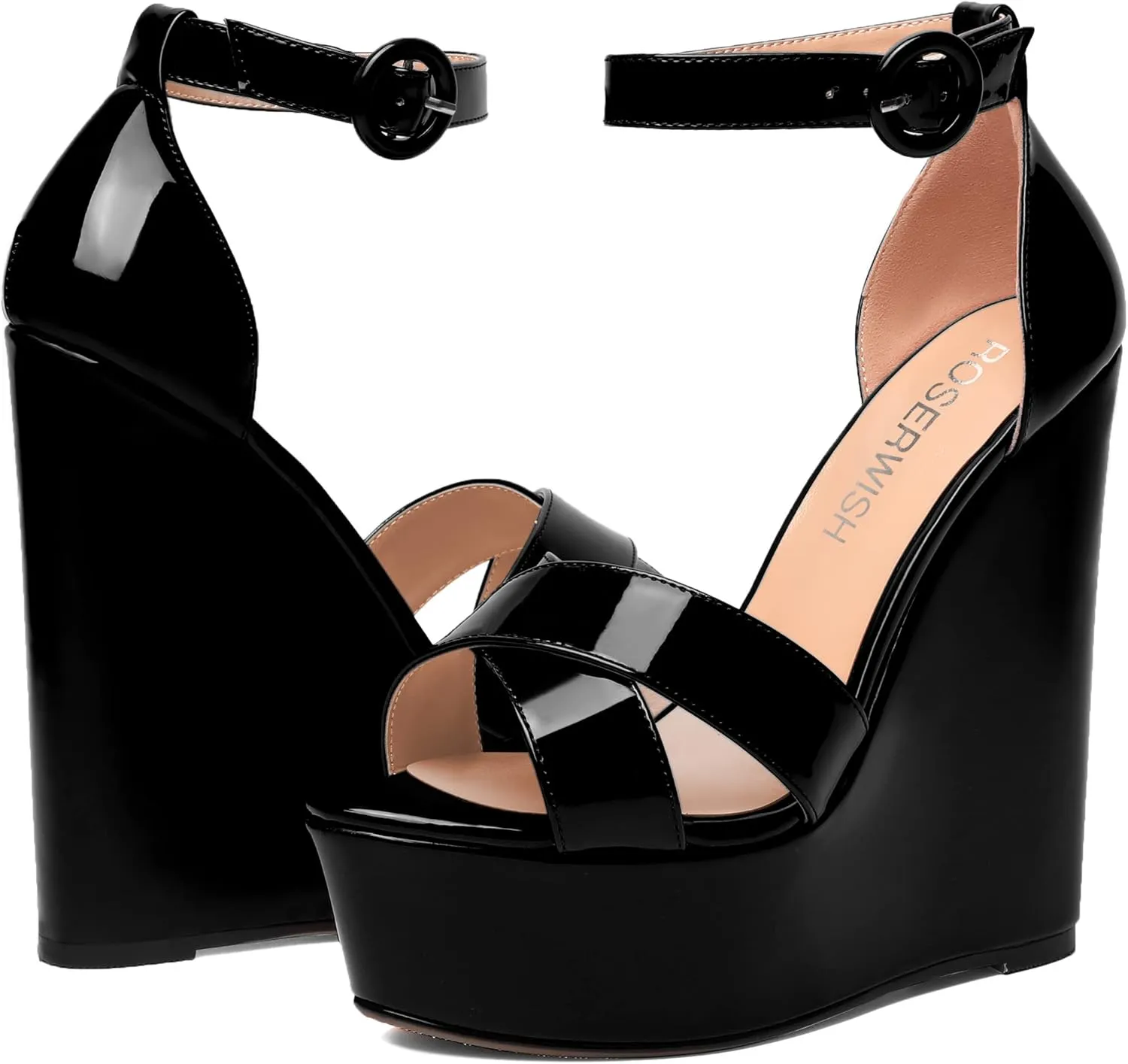 ROSERWISH Womens Evening Buckle Platform Ankle Strap Dressy Open Toe Sexy Patent Wedge High Heel Heeled Sandals 6 Inch