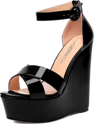ROSERWISH Womens Evening Buckle Platform Ankle Strap Dressy Open Toe Sexy Patent Wedge High Heel Heeled Sandals 6 Inch