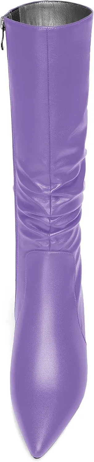 ROSERWISH Womens Party Matte Stylish Casual Zip Pointed Toe Kitten Low Heel Knee High Boots 2 Inch