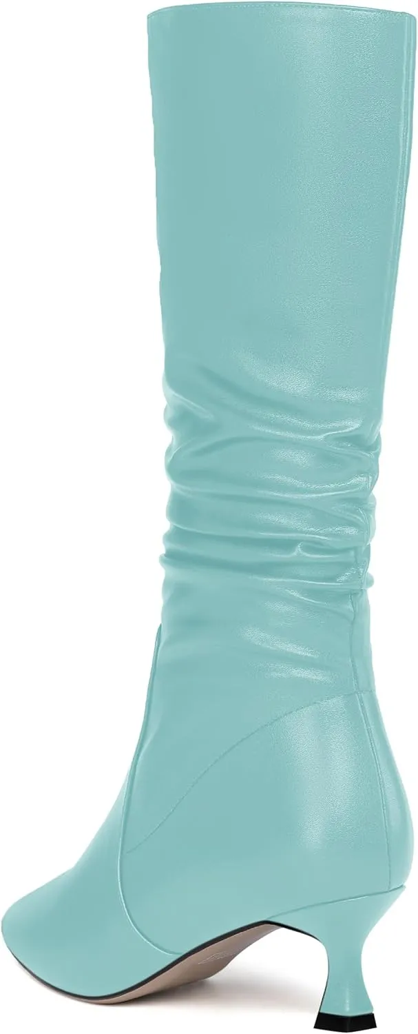 ROSERWISH Womens Party Matte Stylish Casual Zip Pointed Toe Kitten Low Heel Knee High Boots 2 Inch